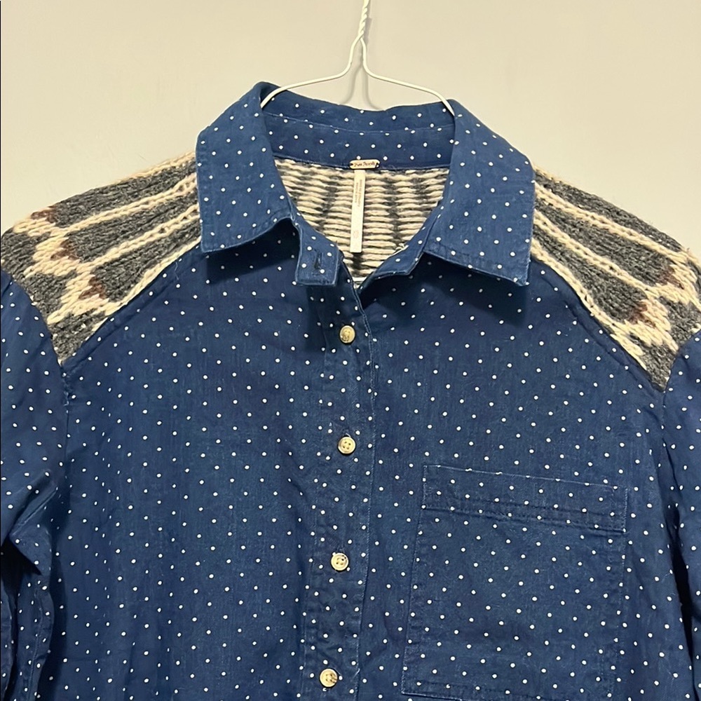 Free People Polka Dot Button-Up Shirt with sweater shoulders - Picture 2 of 8